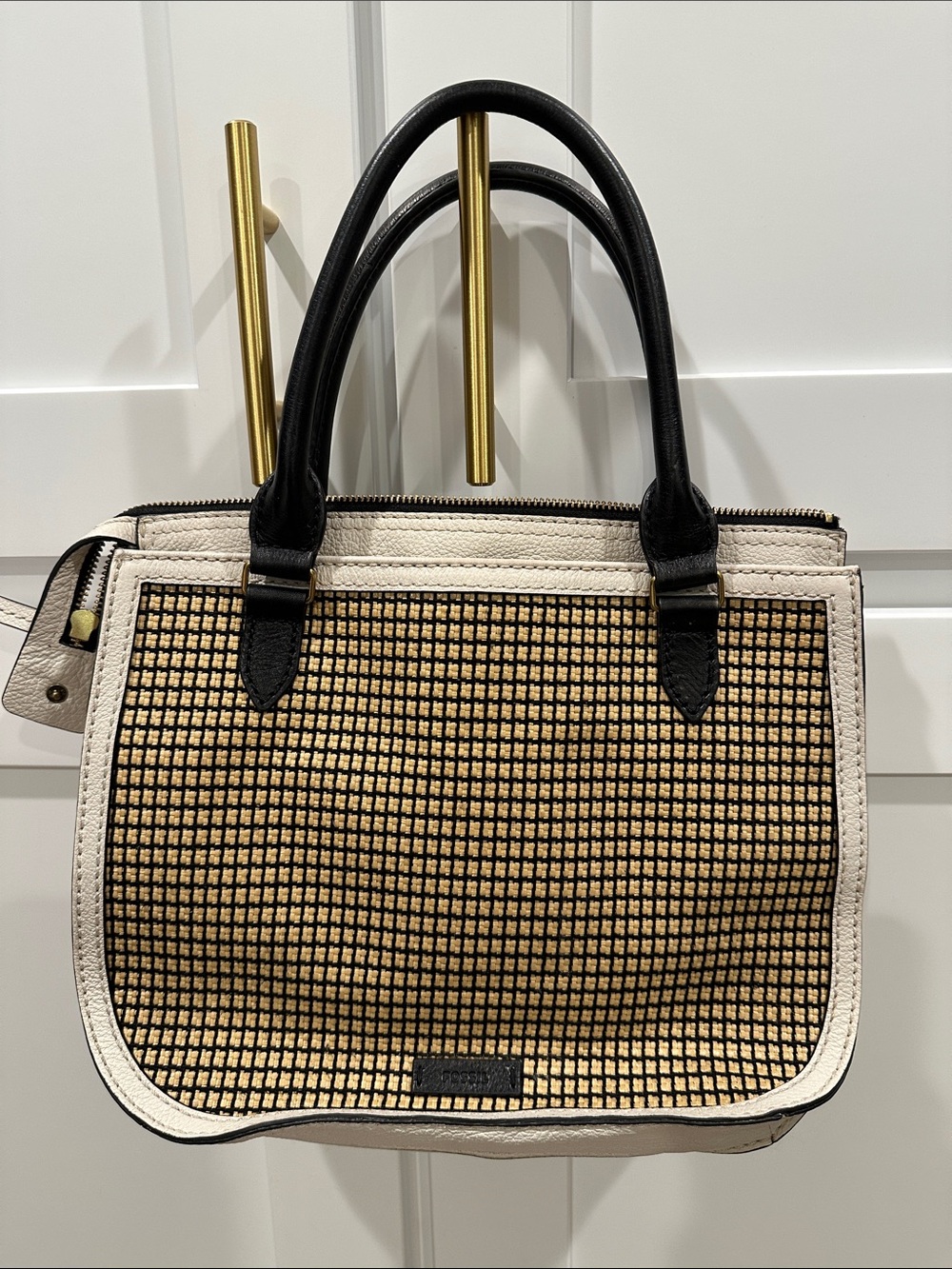 Fossil Women's Black and Cream Woven Tote Bag